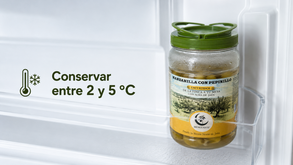 Tarro de aceitunas artesanas Menguante conservado en el frigorífico entre 2 y 5 grados
