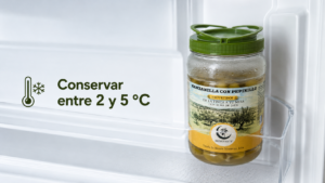 Tarro de aceitunas artesanas Menguante conservado en el frigorífico entre 2 y 5 grados